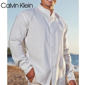 CK Calvin klein mens long shirt white New nwt Beach collarless no collar Large L
